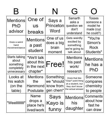 Orgo Bingo Card