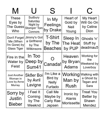 You Think You Know Canadian Music, Eh? Bingo Card