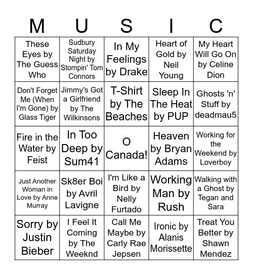 You Think You Know Canadian Music, Eh? Bingo Card