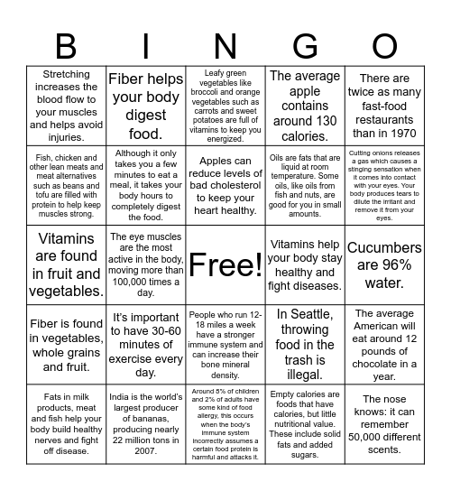 Health Facts Bingo Card