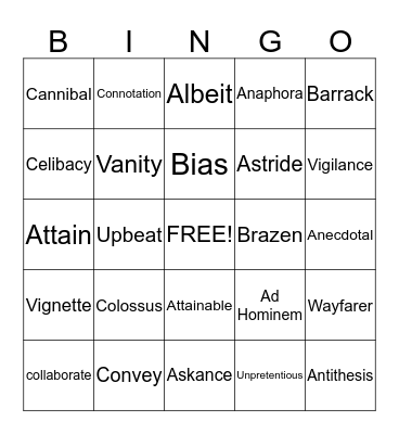 EOCT Vocabulary Bingo Card