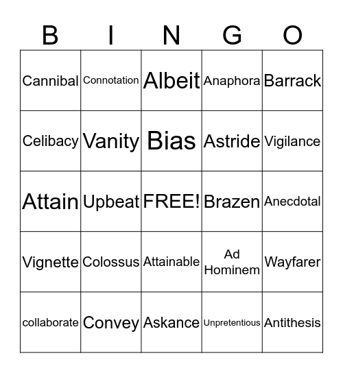 EOCT Vocabulary Bingo Card