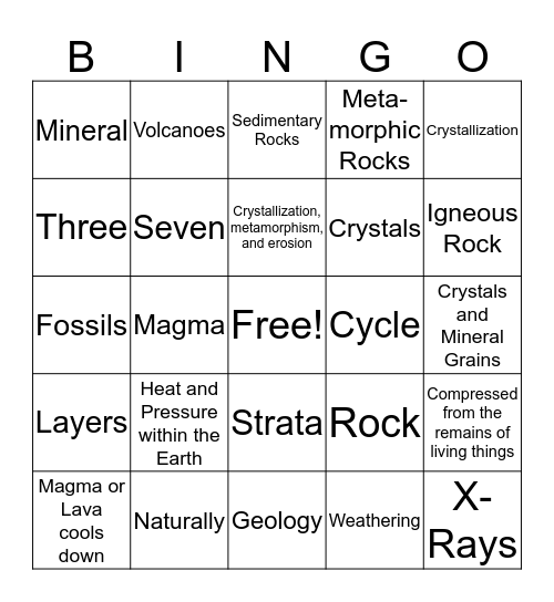 Rocks and Minerals Bingo Card