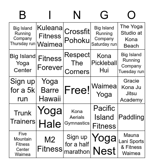 lululemon Kona get your sweat on Bingo Card
