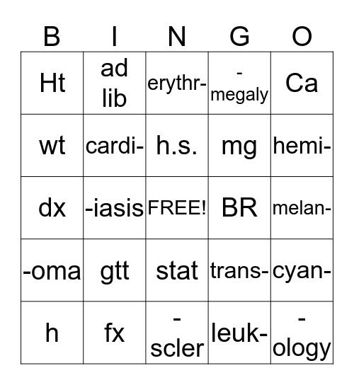 Medical Terminology Bingo Card