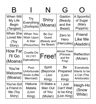 Disney Song Bingo Card