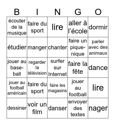 NOM/Prénom:_______________________________ Qu’est-ce que tu aimes faire? Bingo Card