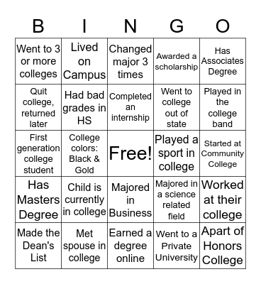 College Month Bingo Competition Bingo Card