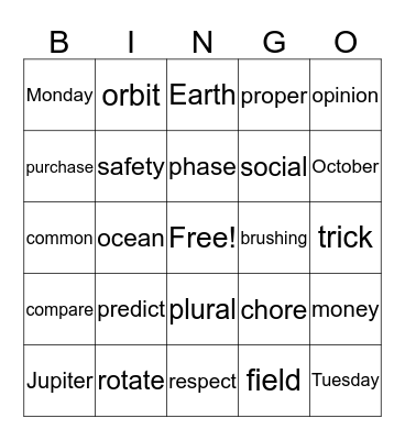 Spelling Bingo Card