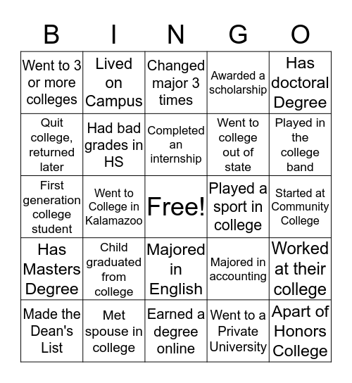 College Month Bingo Competition Bingo Card