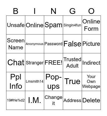 Internet Saftey Bingo Terms Bingo Card