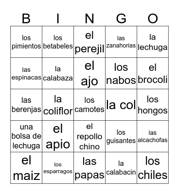 Vegetable Bingo Card