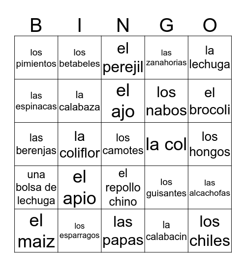 Vegetable Bingo Card