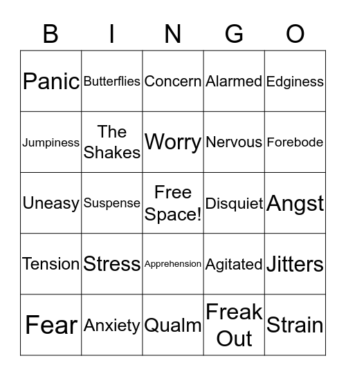 Anxiety  Bingo Card