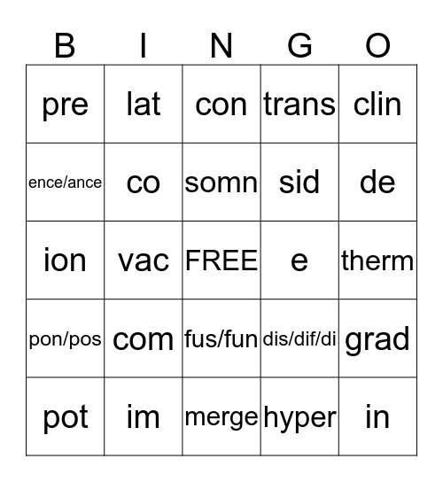 Word pieces 1-4 Bingo Card