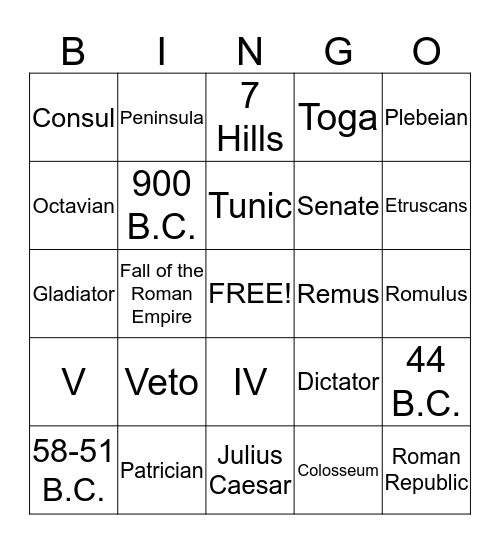 Ancient Rome  Bingo Card