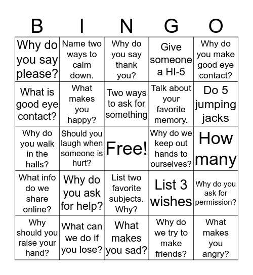 Social Skills  Bingo Card