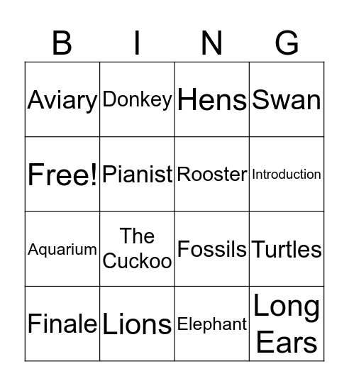 Carnival of Animals Bingo Card