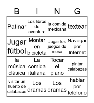 Las actividades que nos gustan Bingo Card