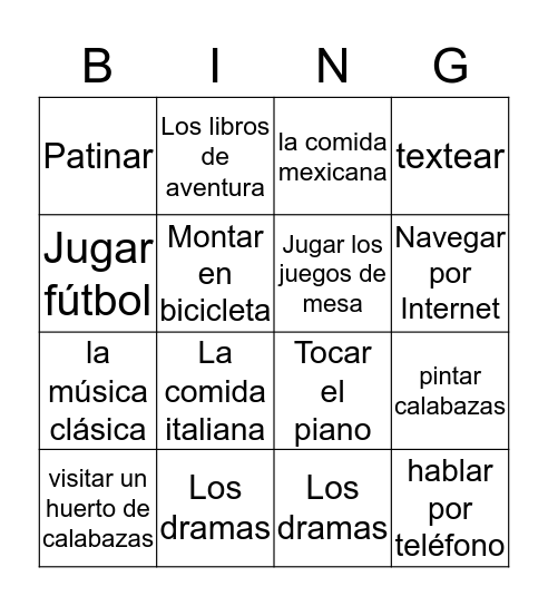 Las actividades que nos gustan Bingo Card