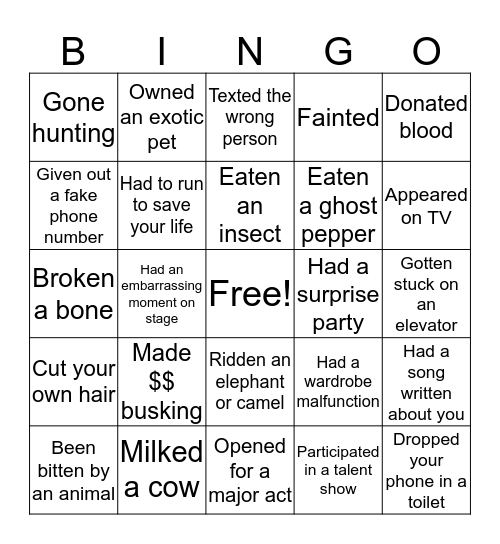 Have You Ever? Bingo Card