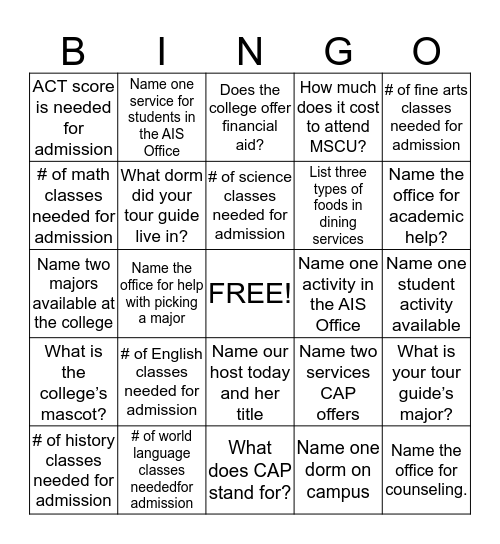 MSUM College Visit BINGO Card