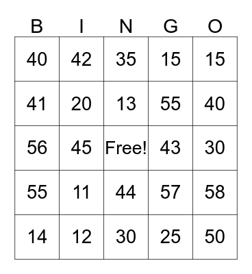 NUMBER PRACTICE Bingo Card