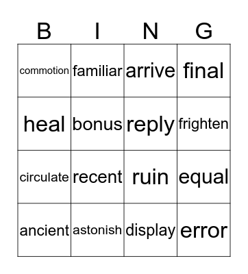 Vocabulary Bingo Card