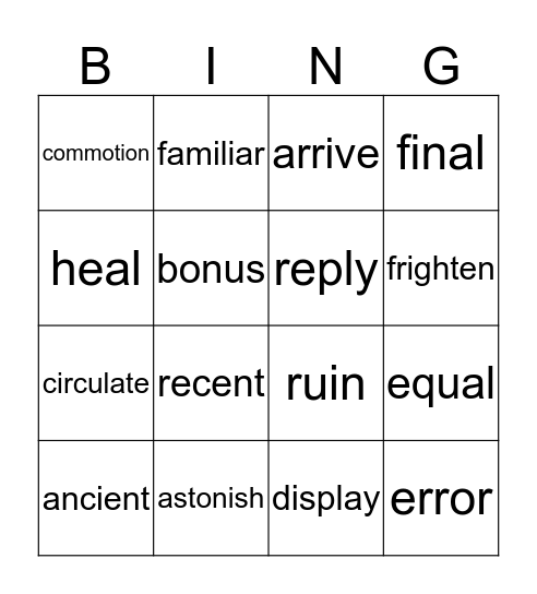 Vocabulary Bingo Card