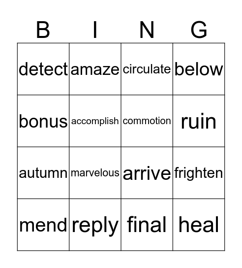 Vocabulary Bingo Card