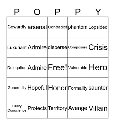 Poppy Vocabulary Bingo Card