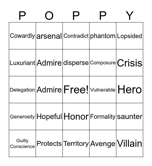 Poppy Vocabulary Bingo Card