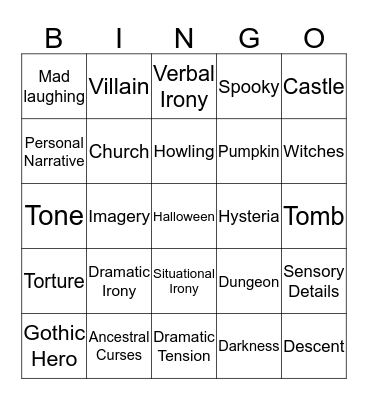 Gothic Literature Bingo Card