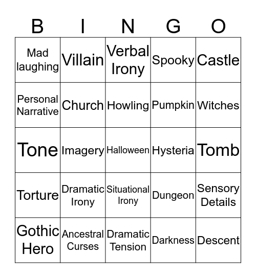 Gothic Literature Bingo Card