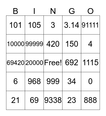 Number Bingo Card