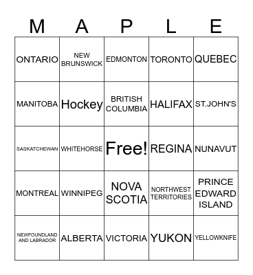 CANADA Bingo Card