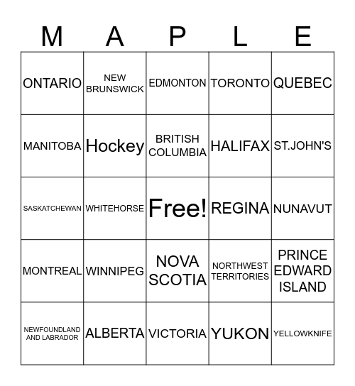 CANADA Bingo Card