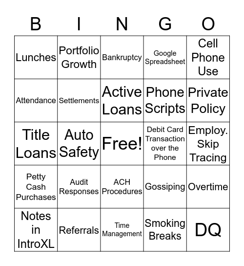 USA Payday Loans BINGO Card