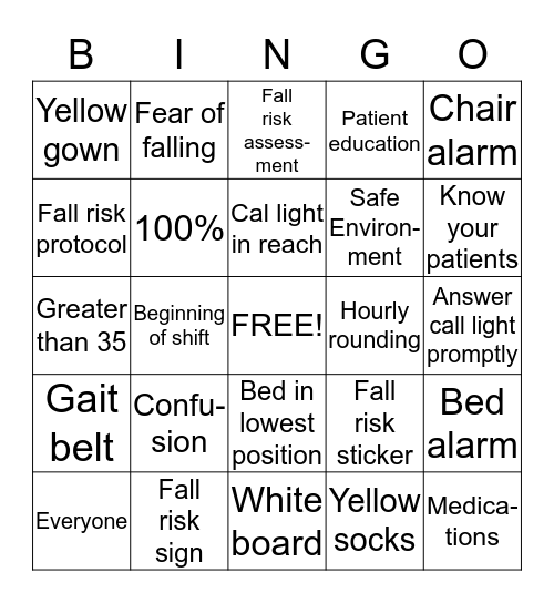 FALL PREVENTION Bingo Card