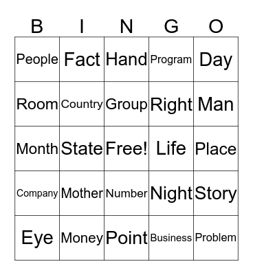 50 Common Nouns Bingo Card