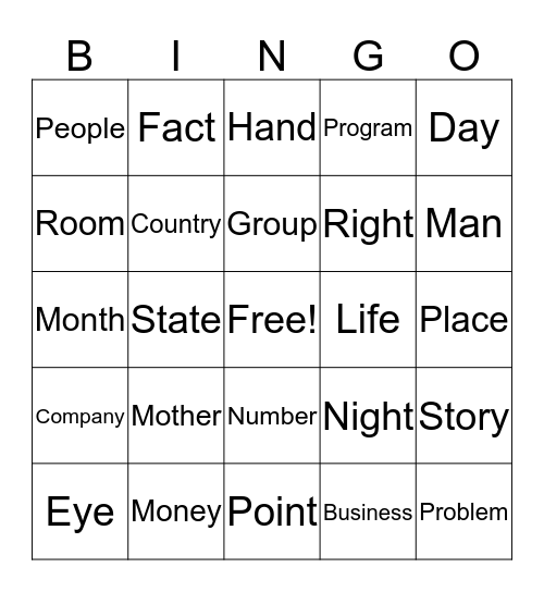 50 Common Nouns Bingo Card