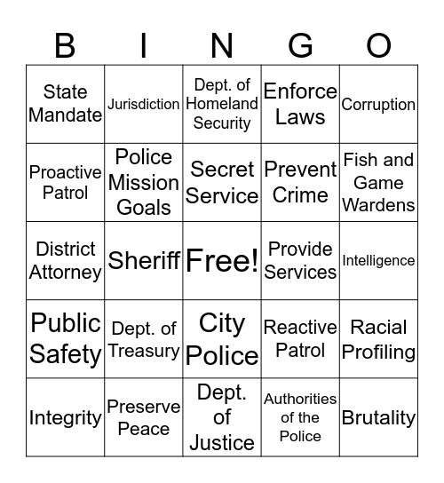 Law Enforcement  Bingo Card