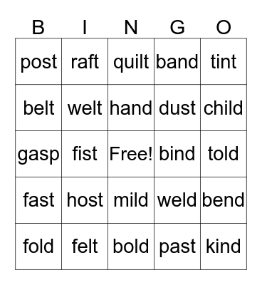 MIXED CLOSED SYLLABLE/EXCEPTION CLOSED SYLLABLE Bingo Card