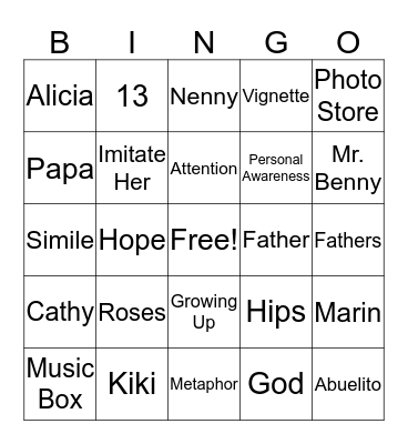 House on Mango Street- Part 1 Review Bingo Card