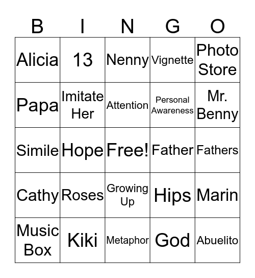 House on Mango Street- Part 1 Review Bingo Card