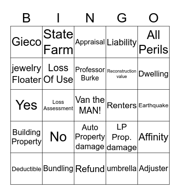 Farmers Insurance Bingo Card