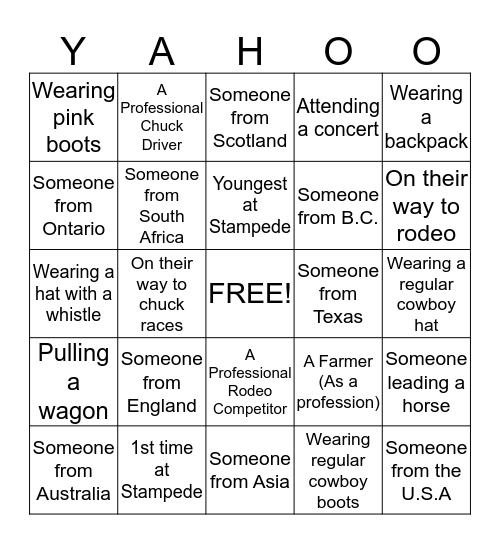 Cattle Trail "YAHOO" Bingo Card