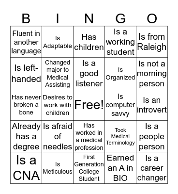 Medical Assisting Orientation Bingo Card