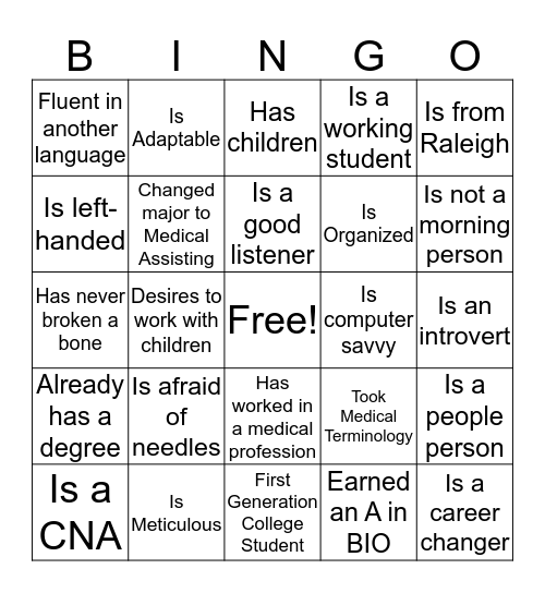 Medical Assisting Orientation Bingo Card