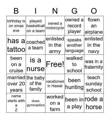 FAMILY CABIN  Bingo Card